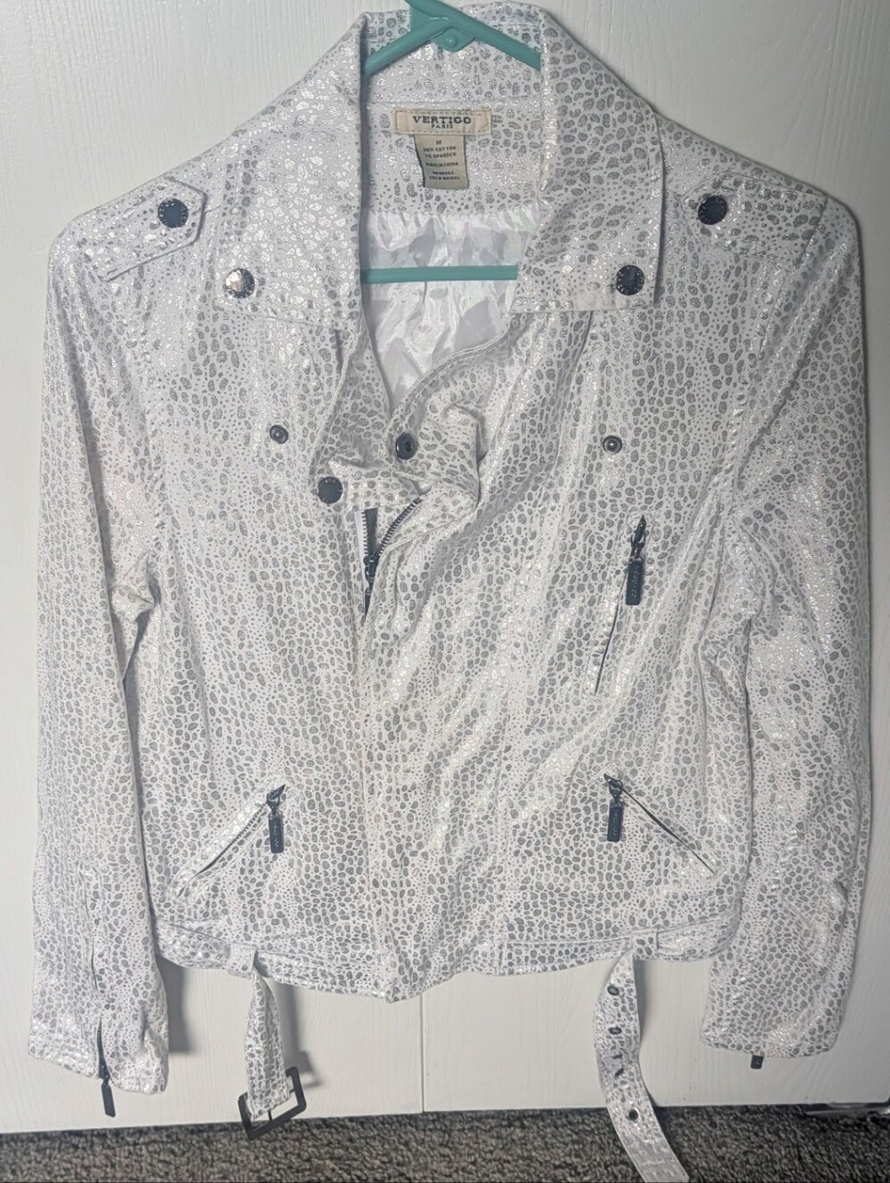 Women's Vertigo Paris White Metallic Animal-Print Moto Jacket size M
